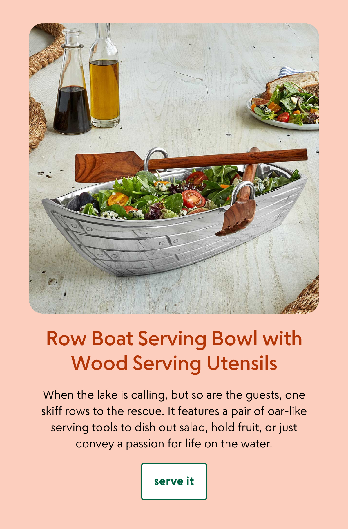 Row Boat Serving Bowl with Wood Serving Utensils