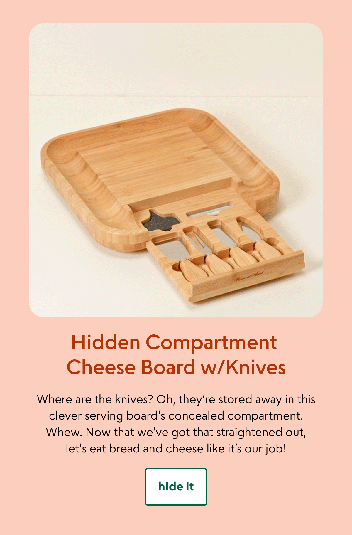 Hidden Compartment Cheese Board w/Knives