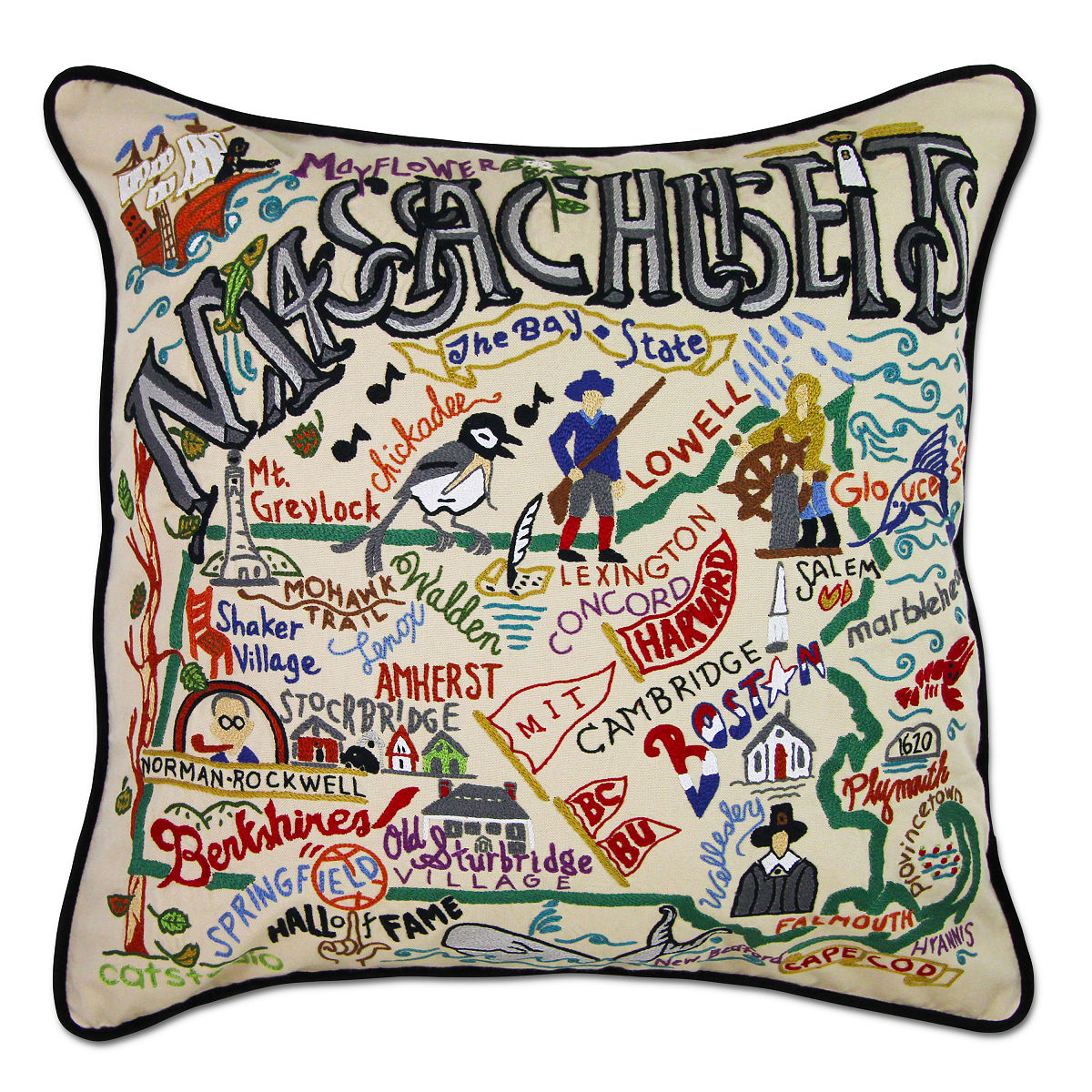 Hand Embroidered State Pillows - Massachusetts
