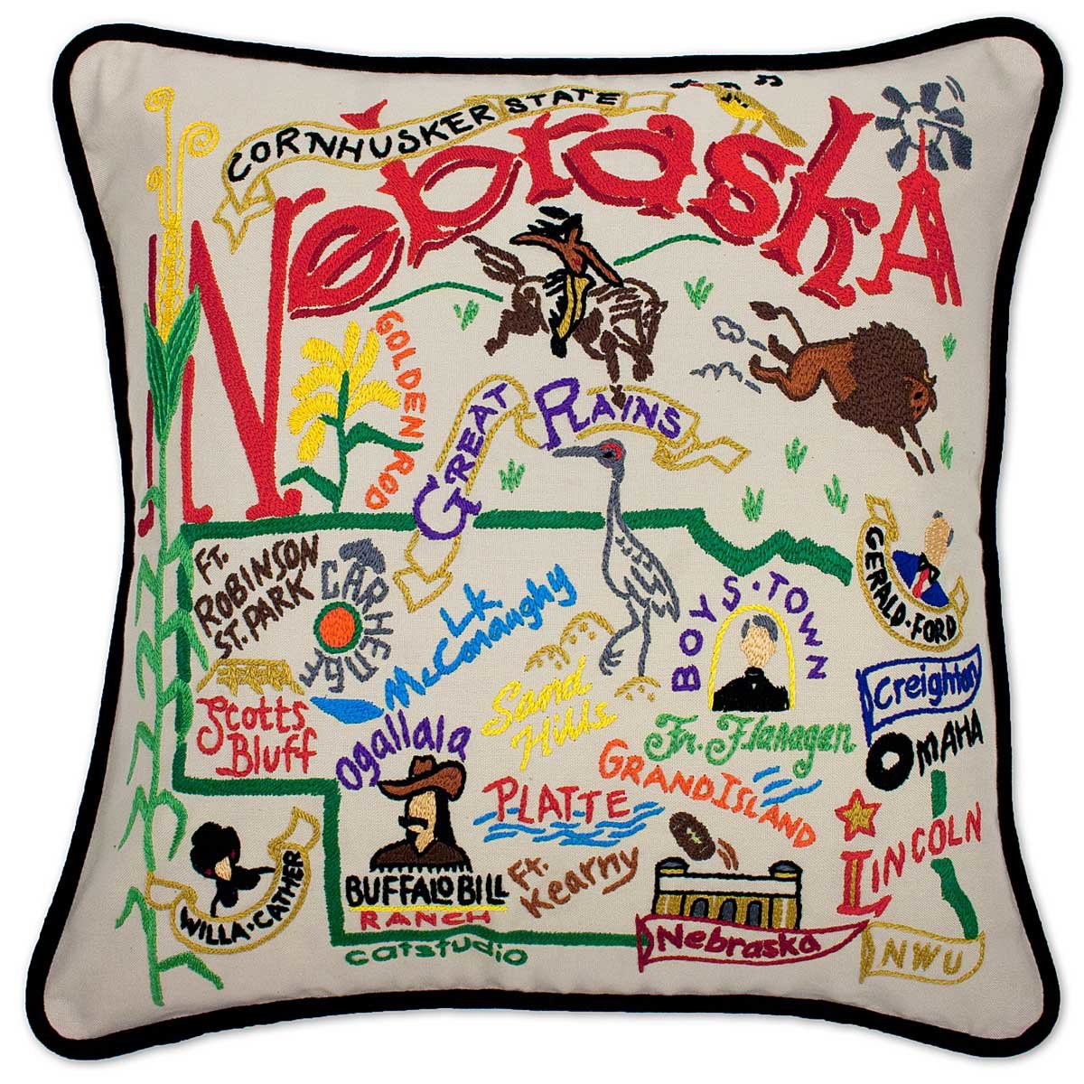 Hand Embroidered State Pillows - Nebraska