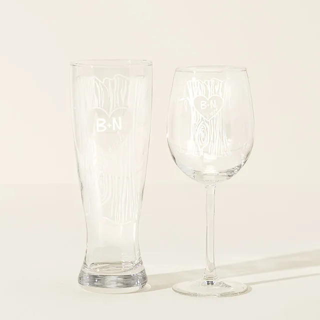 Personalized Tree Trunk Glassware Duo etched, custom pint glass, wine