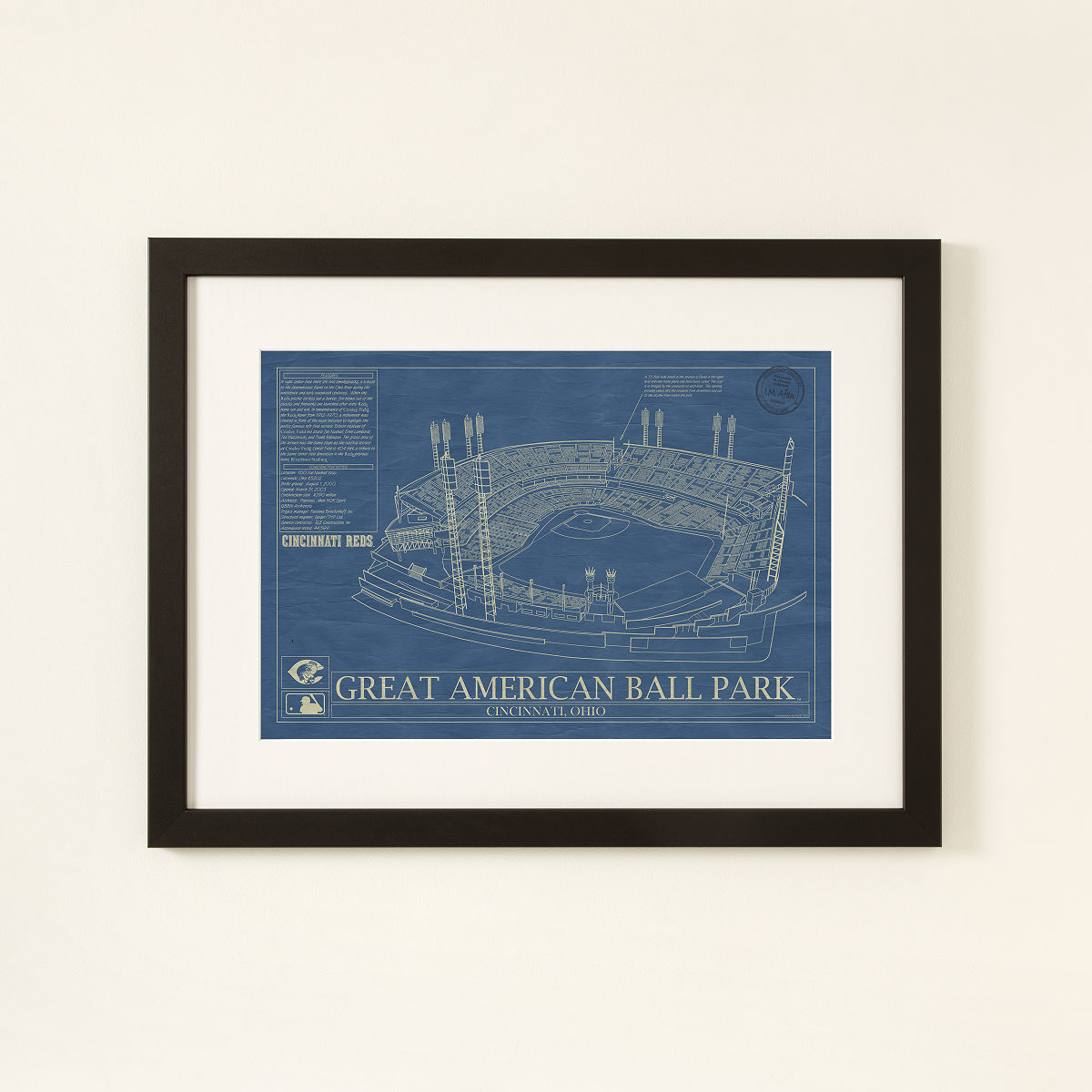 MLB Stadium Blueprints - Cincinnati Reds - Framed