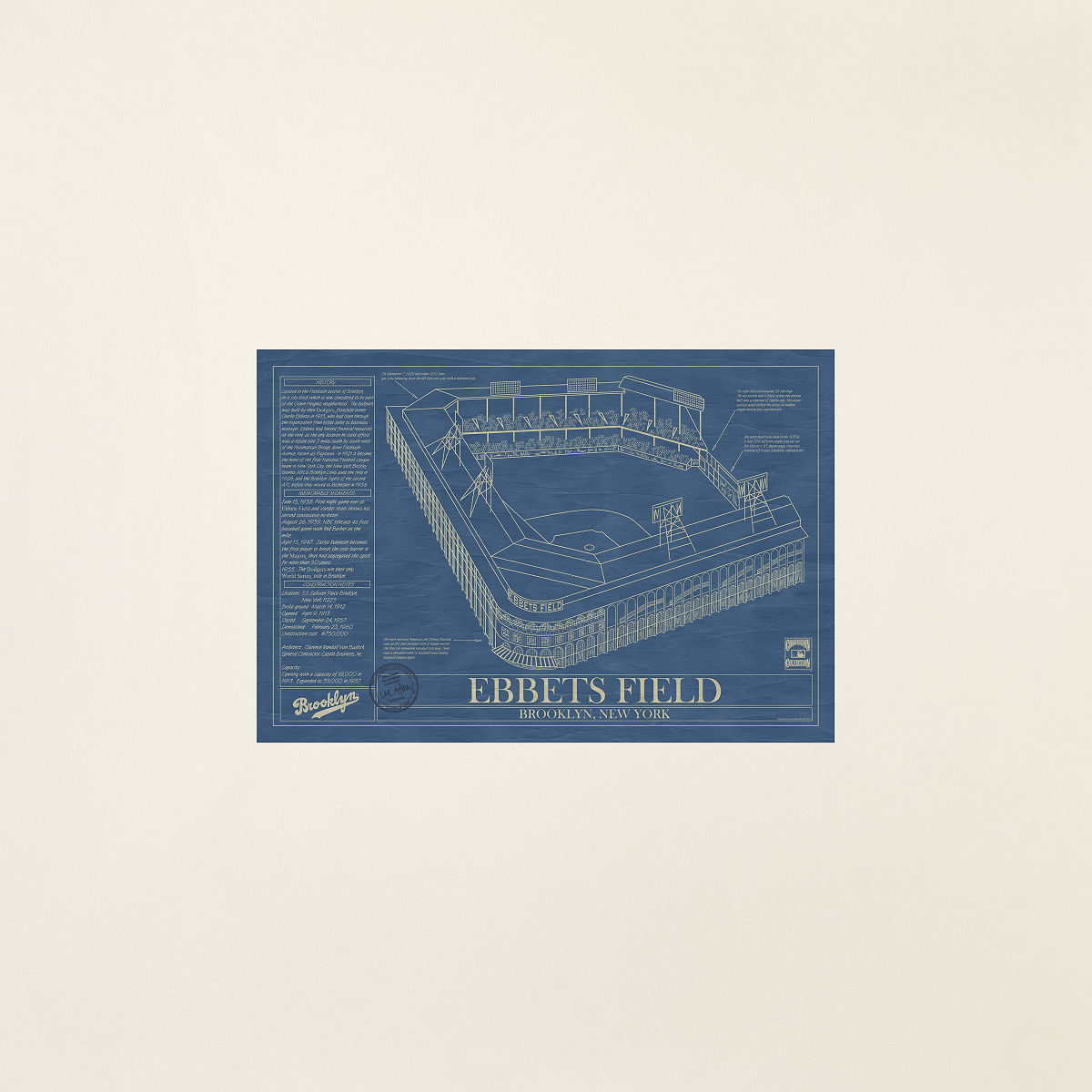 MLB Stadium Blueprints - Brooklyn Dodgers - Ebbets Field - Unframed