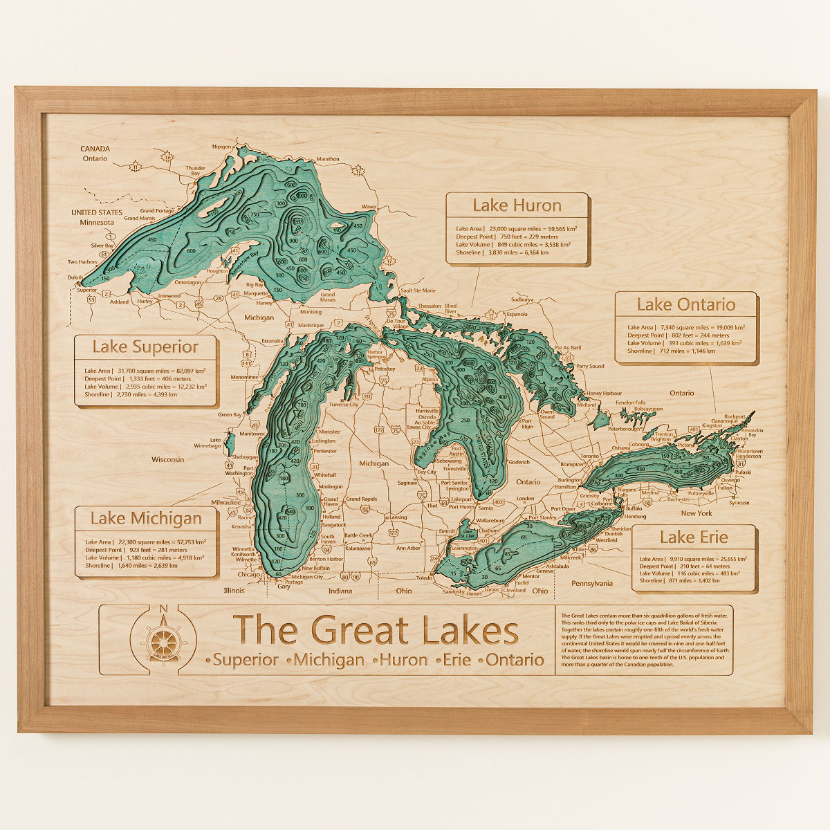 Lake Topography Art - Cherry Wood Frame - Multi-Layer 24" x 30"
