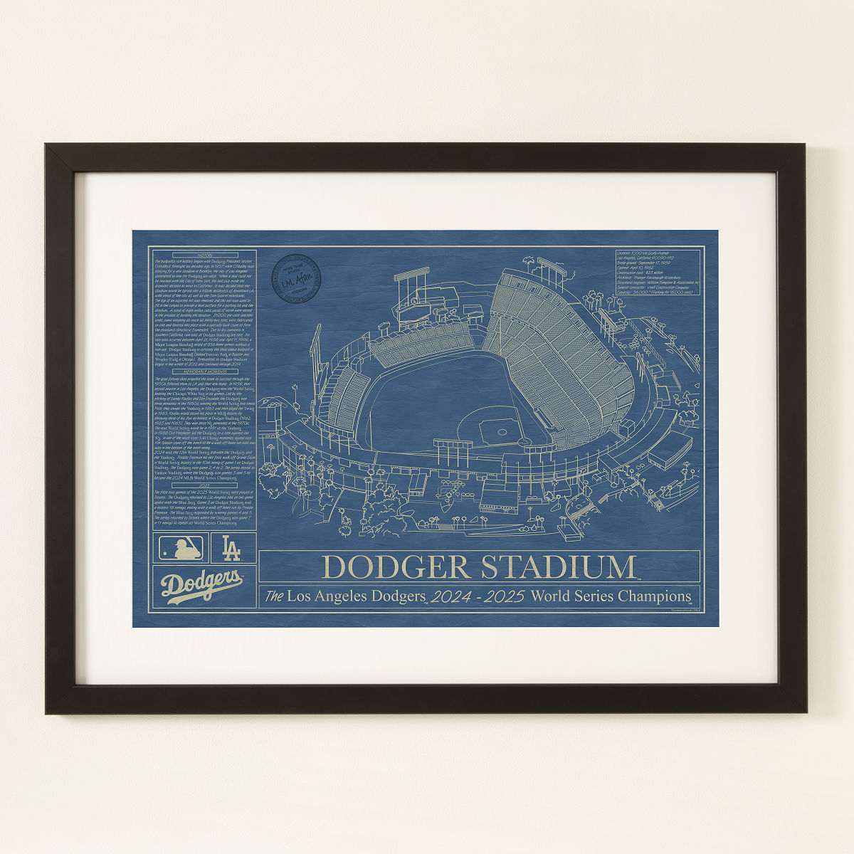 Large MLB Stadium Blueprints - Los Angeles Dodgers - Framed