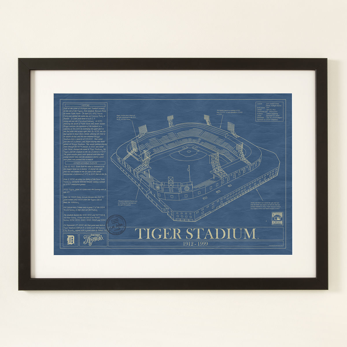 Large MLB Stadium Blueprints - Detroit Tigers - Tiger Stadium - Framed