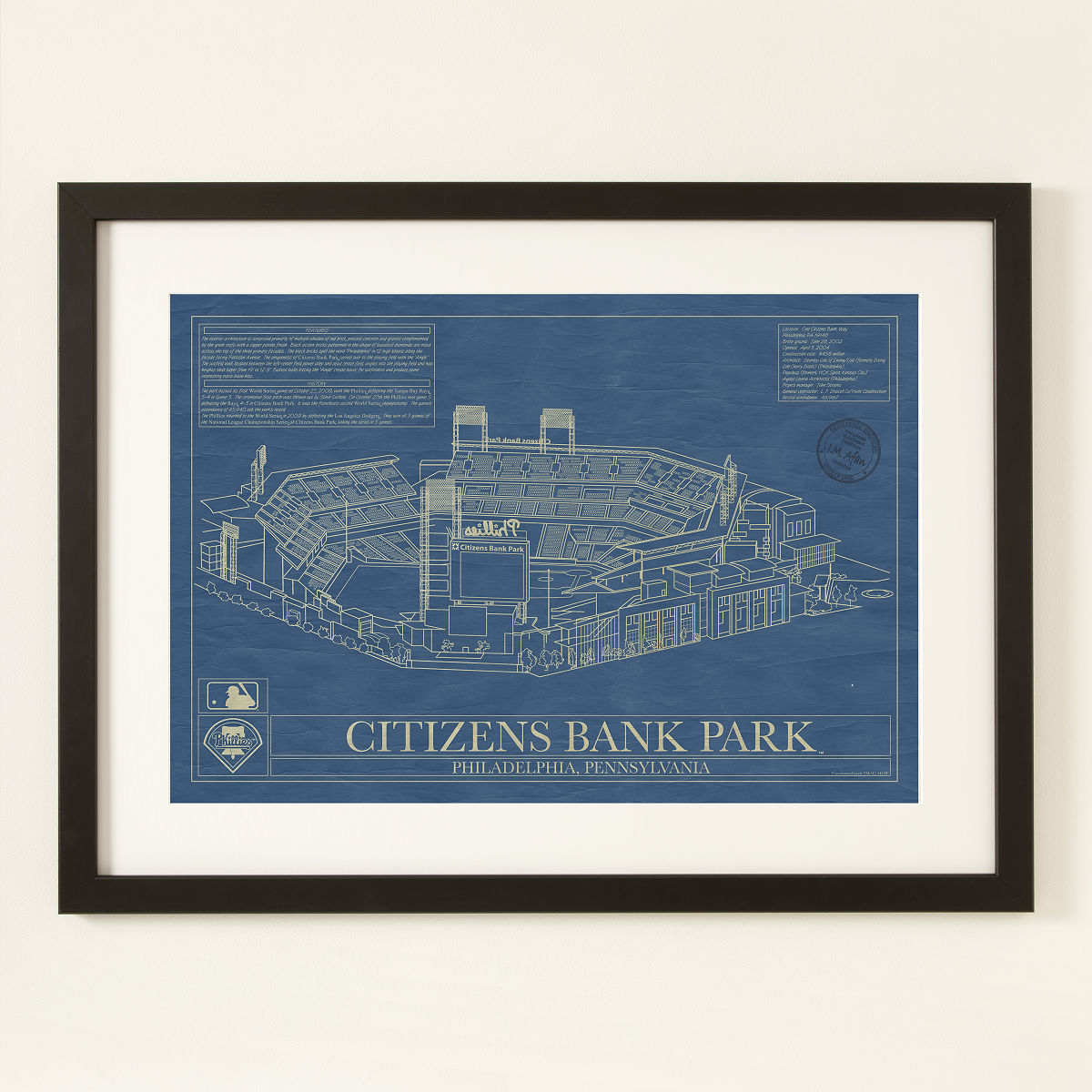 Large MLB Stadium Blueprints - Philadelphia Phillies - Framed