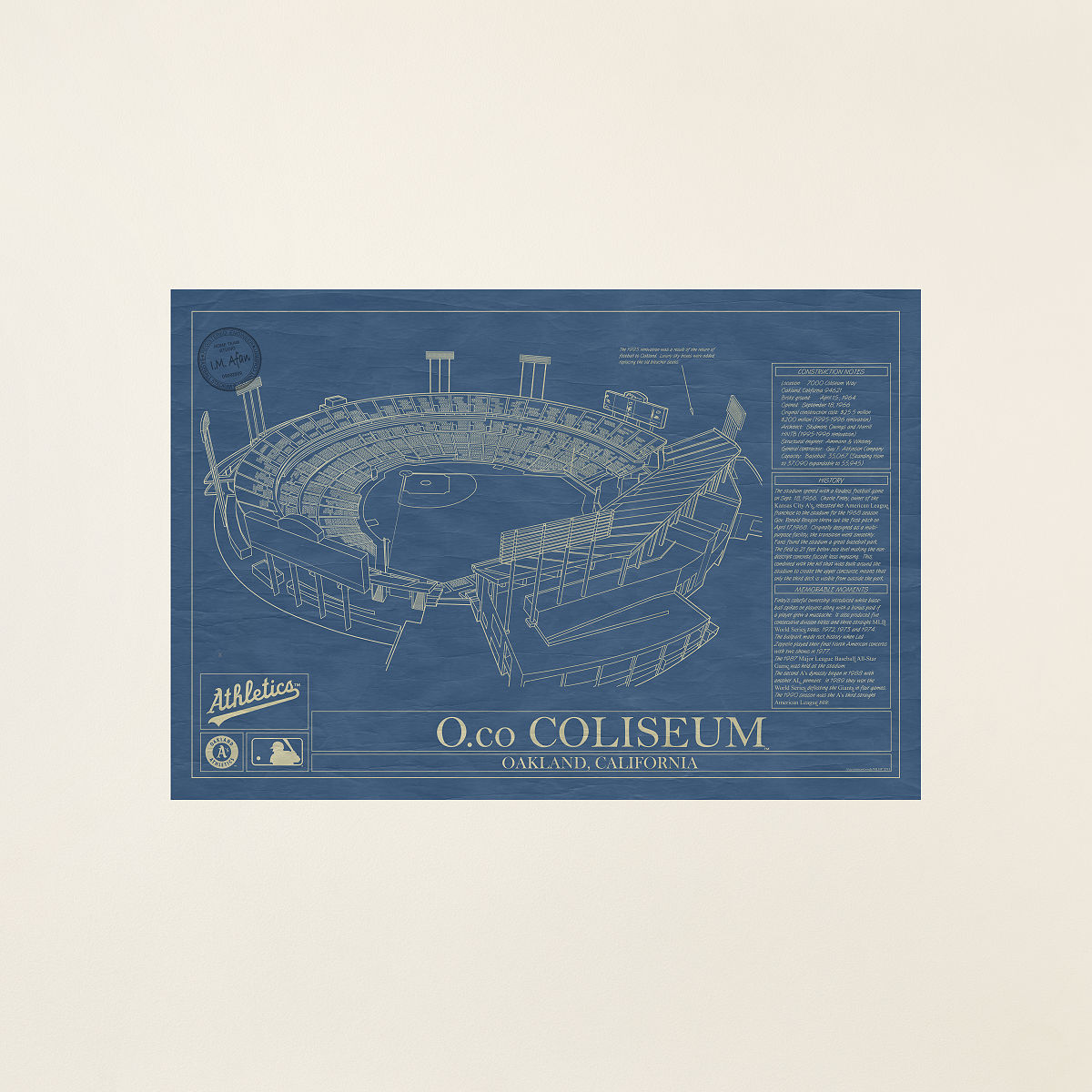 Large MLB Stadium Blueprints - Oakland Athletics - Unframed
