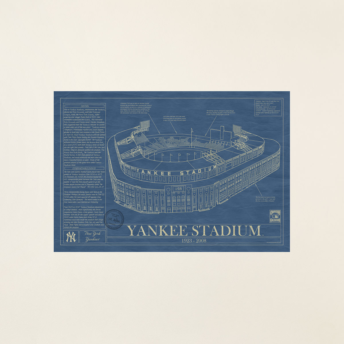 Large MLB Stadium Blueprints - New York Yankees - 1923-2008 Stadium - Unframed