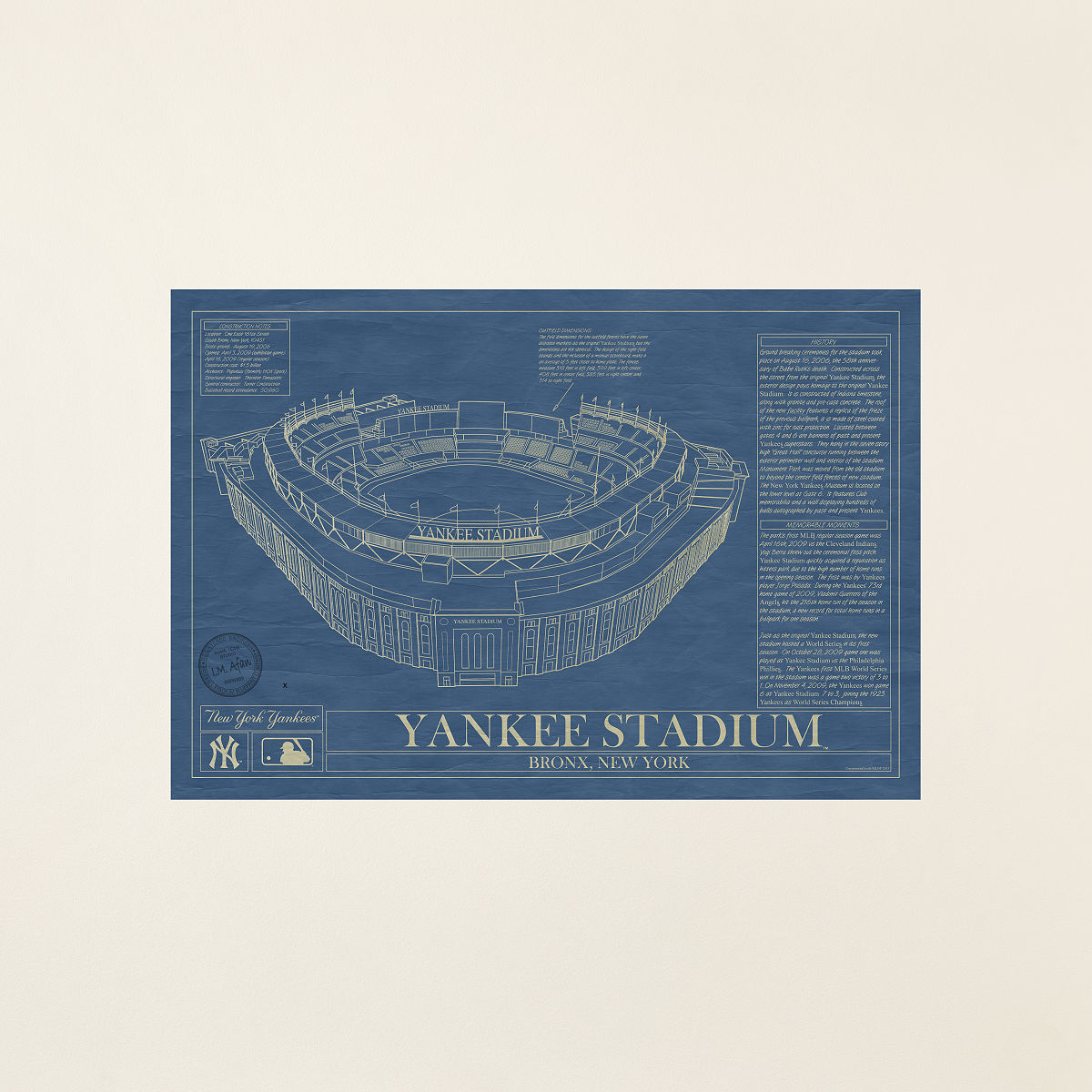 Large MLB Stadium Blueprints - New York Yankees - Unframed