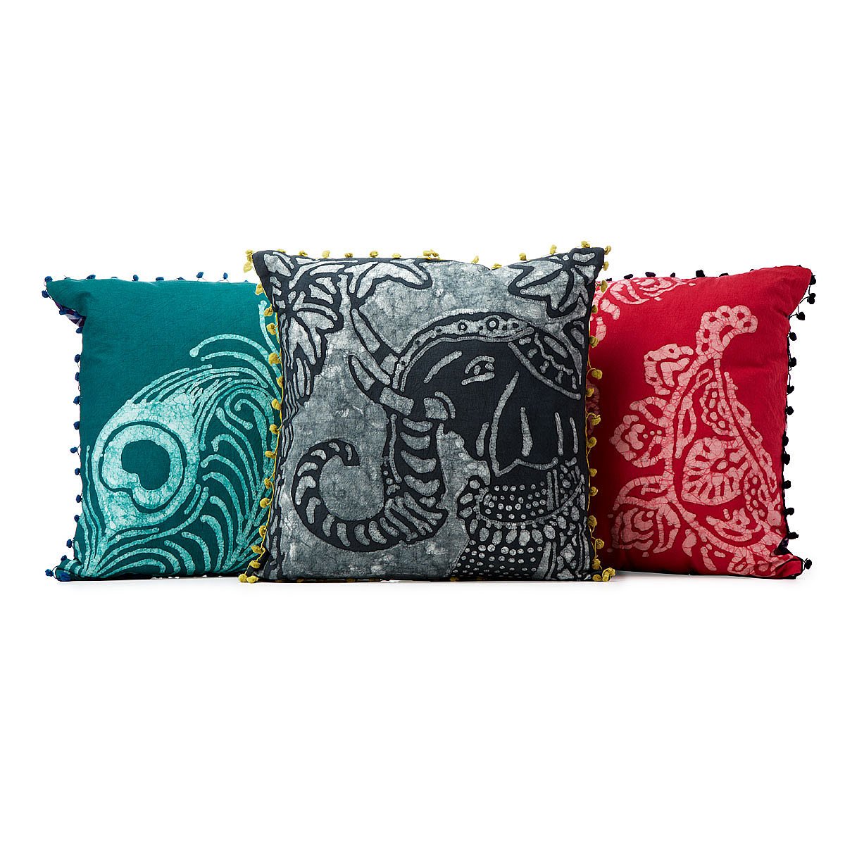 Handmade Batik Pillows handmade, india, throws, pom pom trim