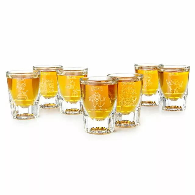 Uncommon Goods | 7 Deadly Sins Etched Shot Glasses - Set of 7 | cocktail,  comic illustrations, seven deadly sins