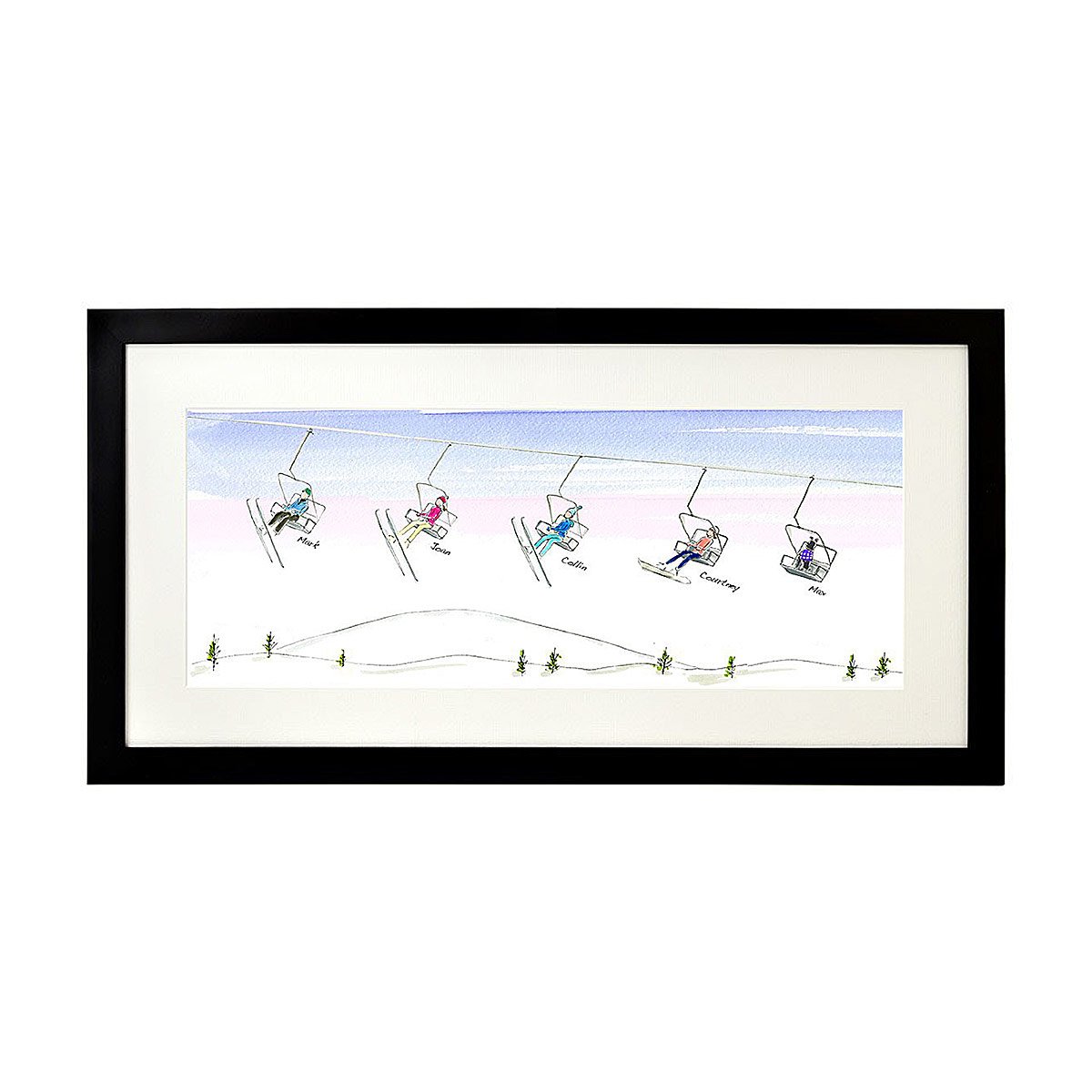 Personalized Family Ski & Snowboard Art - 5-7 Figures, Black Frame
