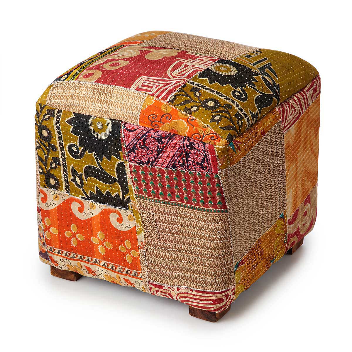 Handmade Kantha Pouf Square Ottoman ottoman, pouf, kantha stitching