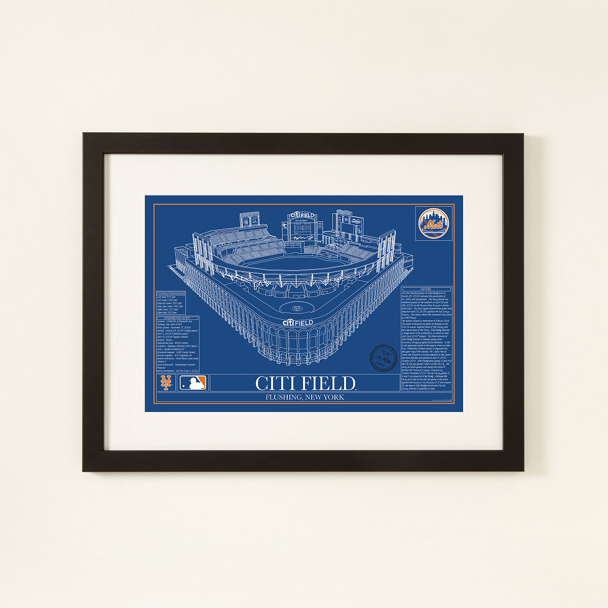MLB Stadium Blueprints - Team Colors - New York Mets - Framed