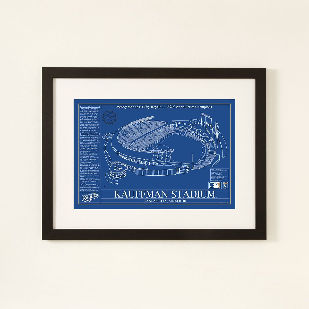 MLB Stadium Blueprints - Team Colors - Kansas City Royals - Framed