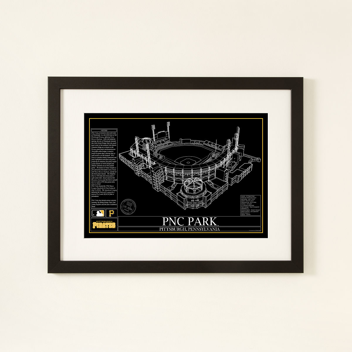 MLB Stadium Blueprints - Team Colors - Pittsburgh Pirates - Framed