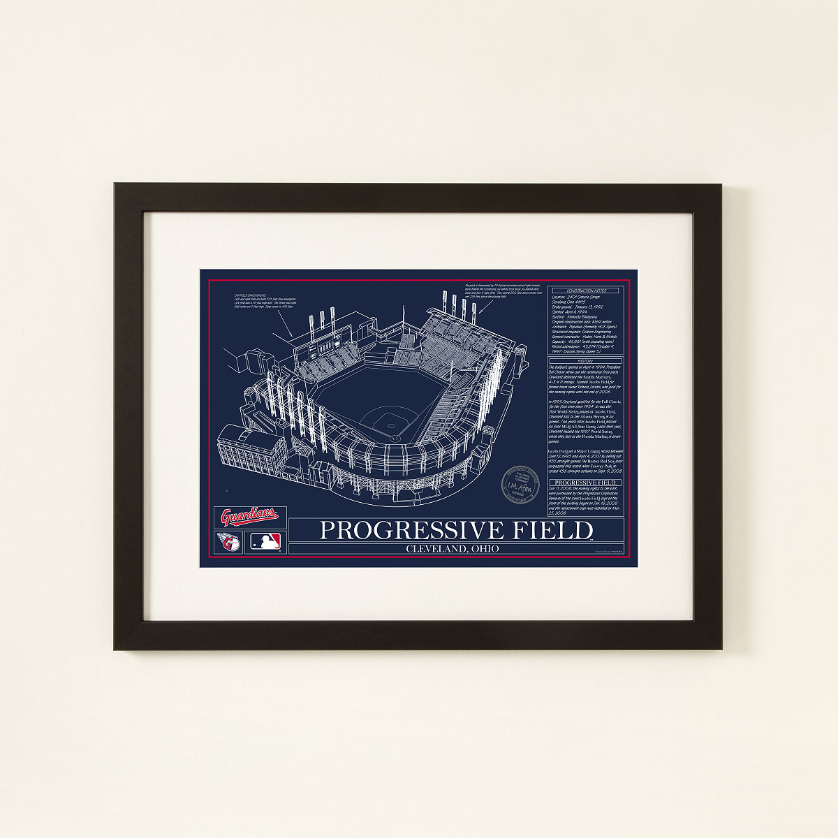 MLB Stadium Blueprints - Team Colors - Cleveland Guardians - Framed