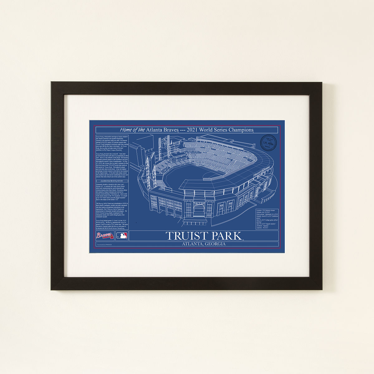 MLB Stadium Blueprints - Team Colors - Atlanta Braves - Framed