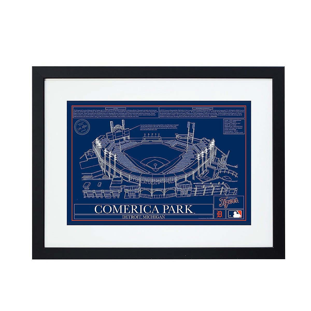 Large MLB Stadium Blueprints - Team Colors - Detroit Tigers - Framed