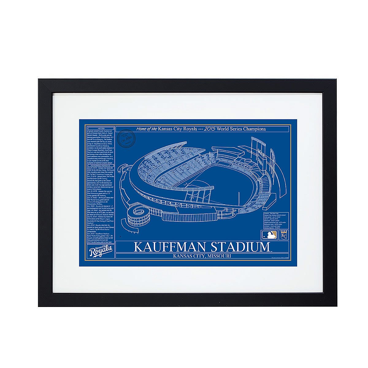Large MLB Stadium Blueprints - Team Colors - Kansas City Royals - Framed