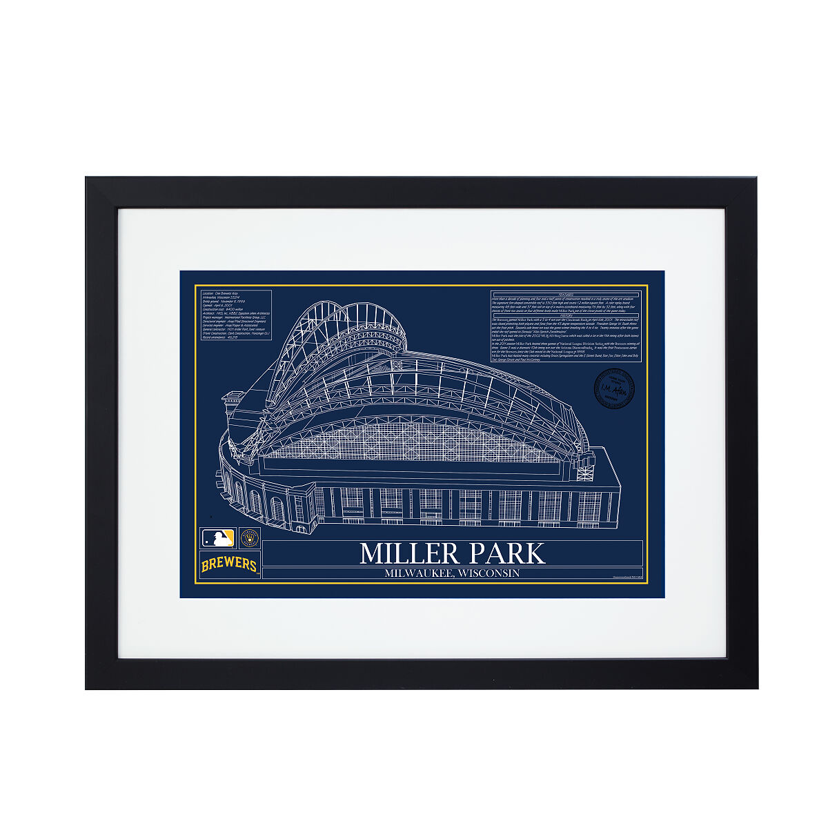 Large MLB Stadium Blueprints - Team Colors - Milwaukee Brewers - Framed