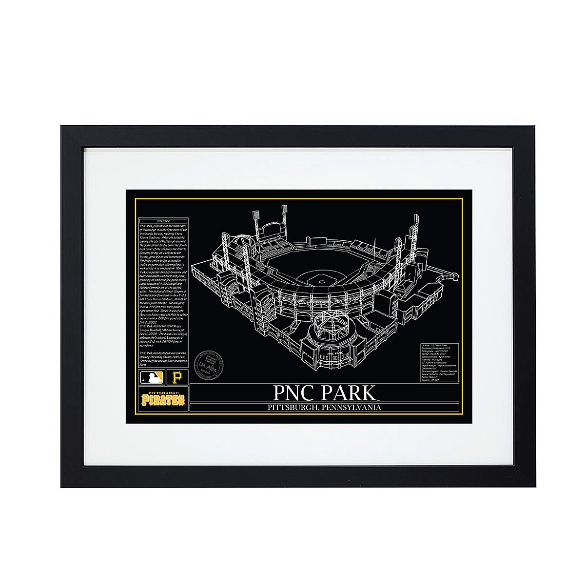 Large MLB Stadium Blueprints - Team Colors - Pittsburgh Pirates - Framed