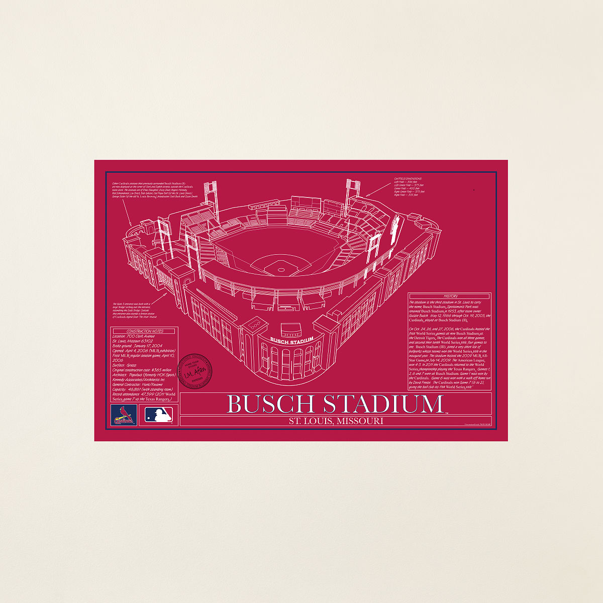 Large MLB Stadium Blueprints - Team Colors - St. Louis Cardinals - Unframed