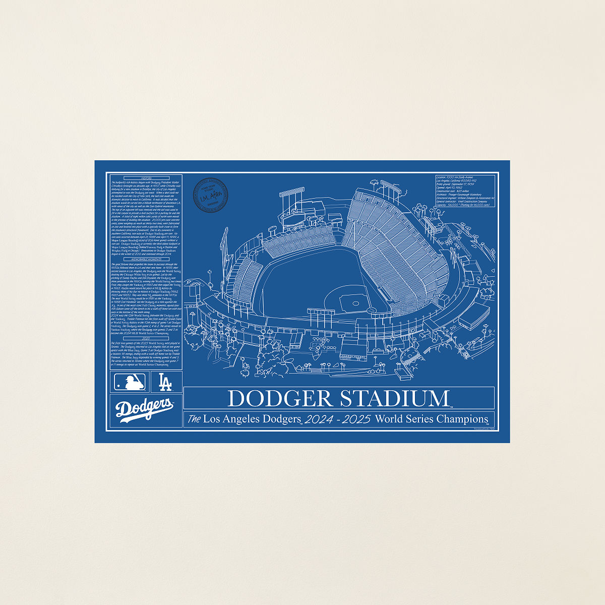 Large MLB Stadium Blueprints - Team Colors - Los Angeles Dodgers - Unframed