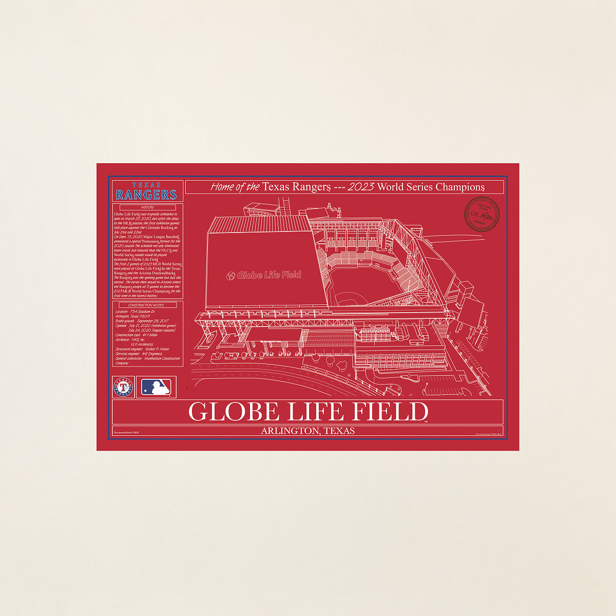 Large MLB Stadium Blueprints - Team Colors - Texas Rangers - Unframed