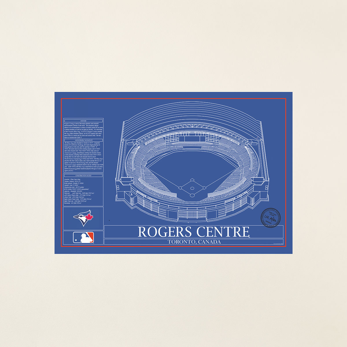 Large MLB Stadium Blueprints - Team Colors - Toronto Blue Jays - Unframed