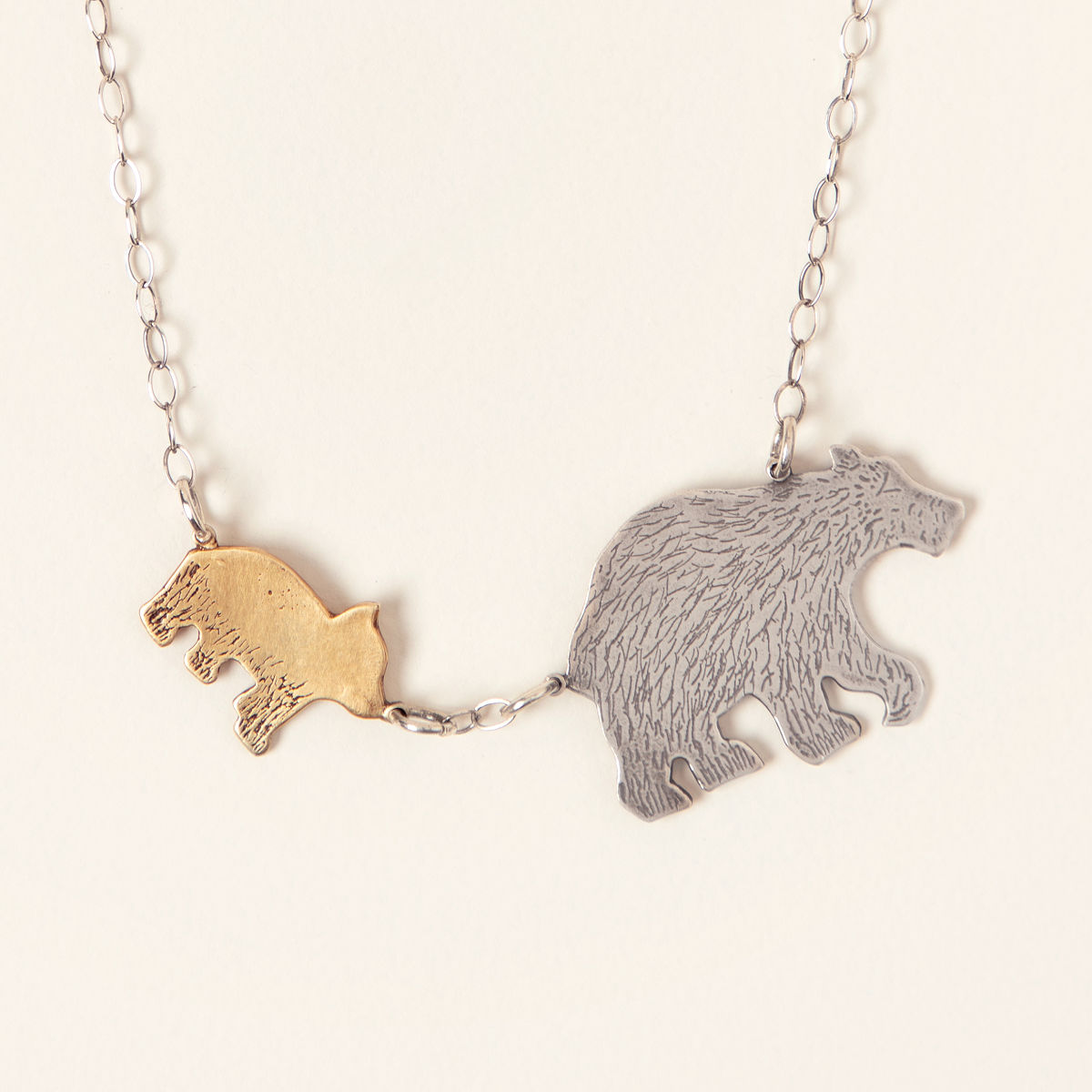 Mama Bear Necklace - One Cub-White Bronze & Yellow Bronze