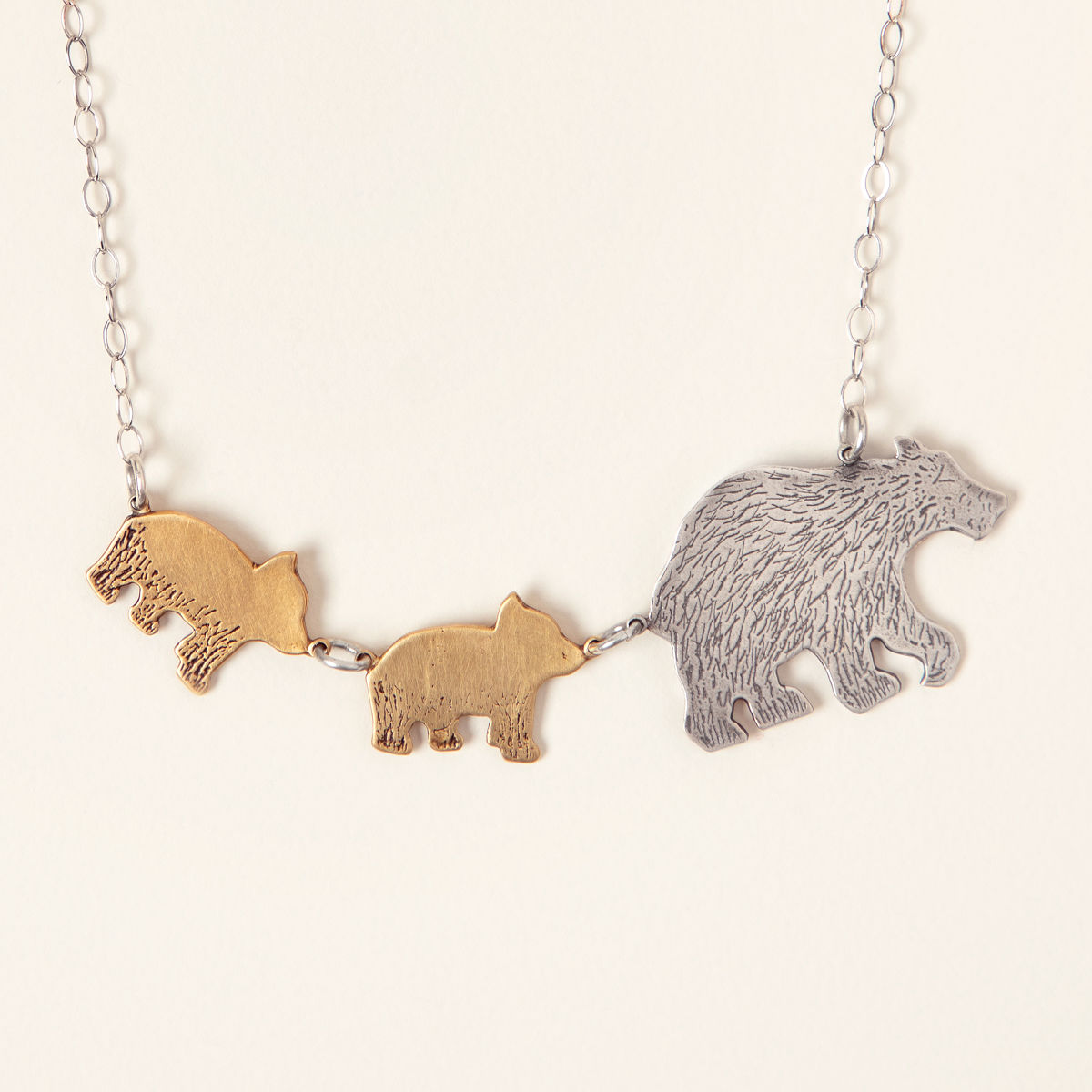 Mama Bear Necklace - Two Cubs-White Bronze & Yellow Bronze