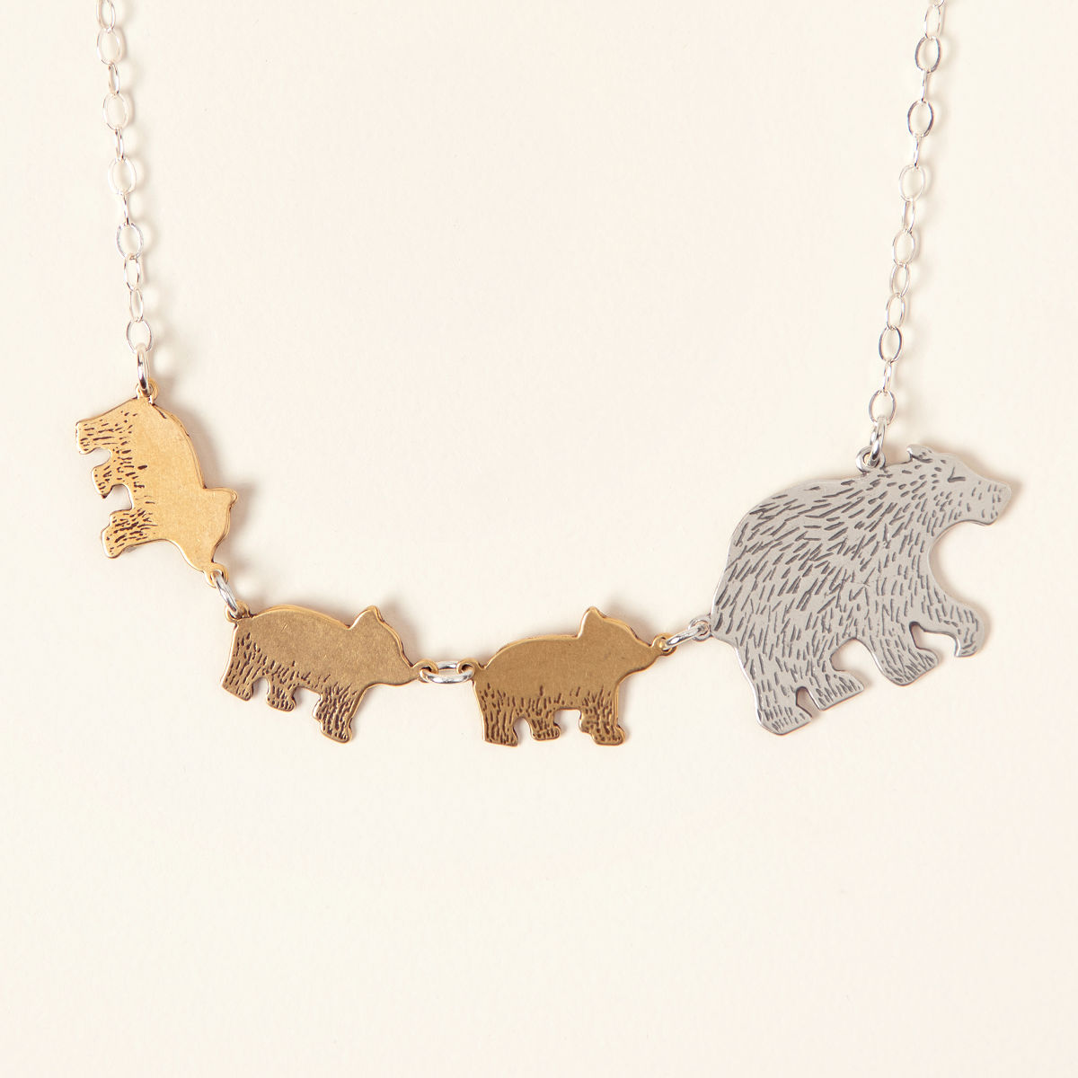 Mama Bear Necklace - Three Cubs-White Bronze & Yellow Bronze