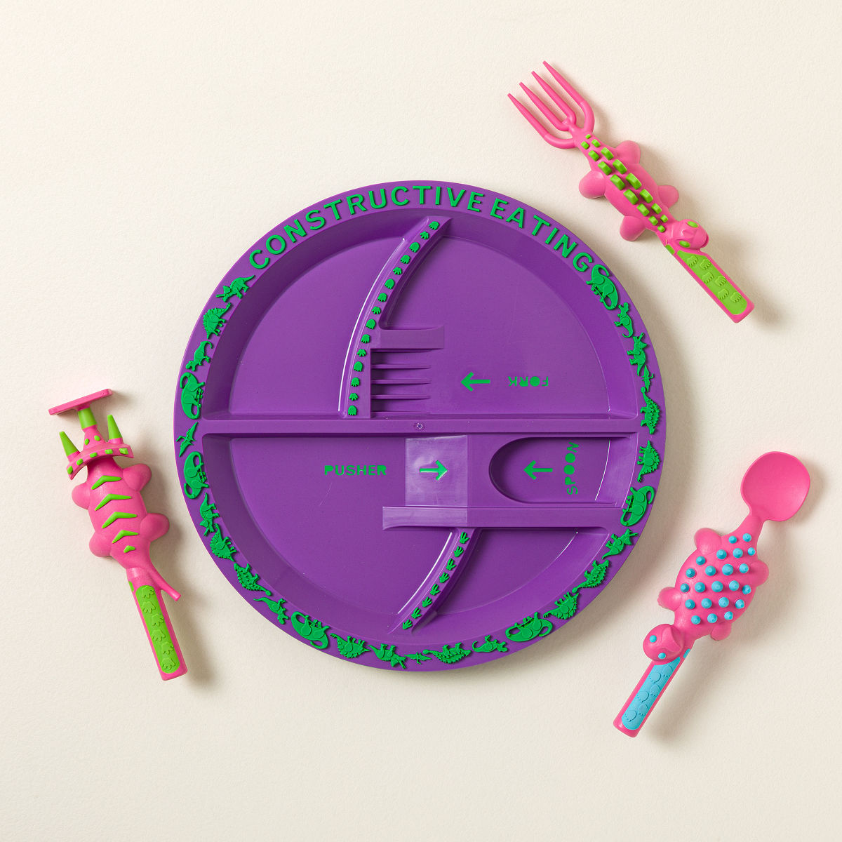 Dinosaur Plate and Utensils - Purple Dino Plate and Pink Utensils