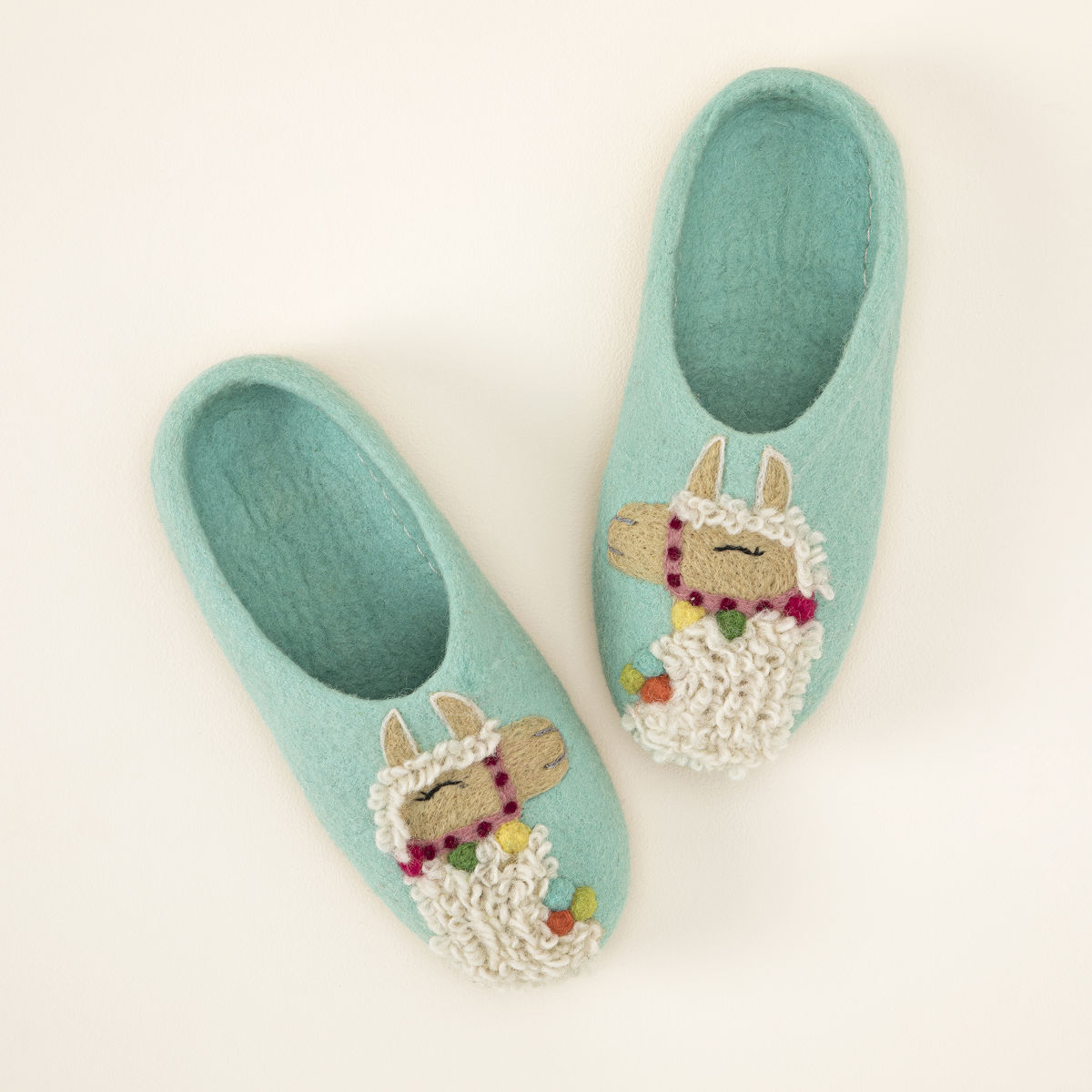 Handmade Llama Slippers - Turquoise - Size Medium (8-8.5)