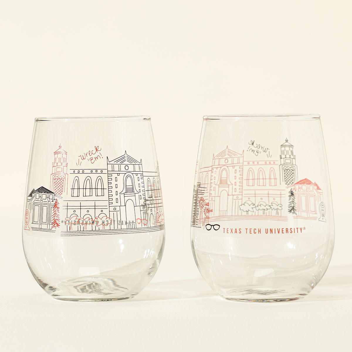 College Cityscape Wine Glasses - Set of 2 - Texas Tech University
