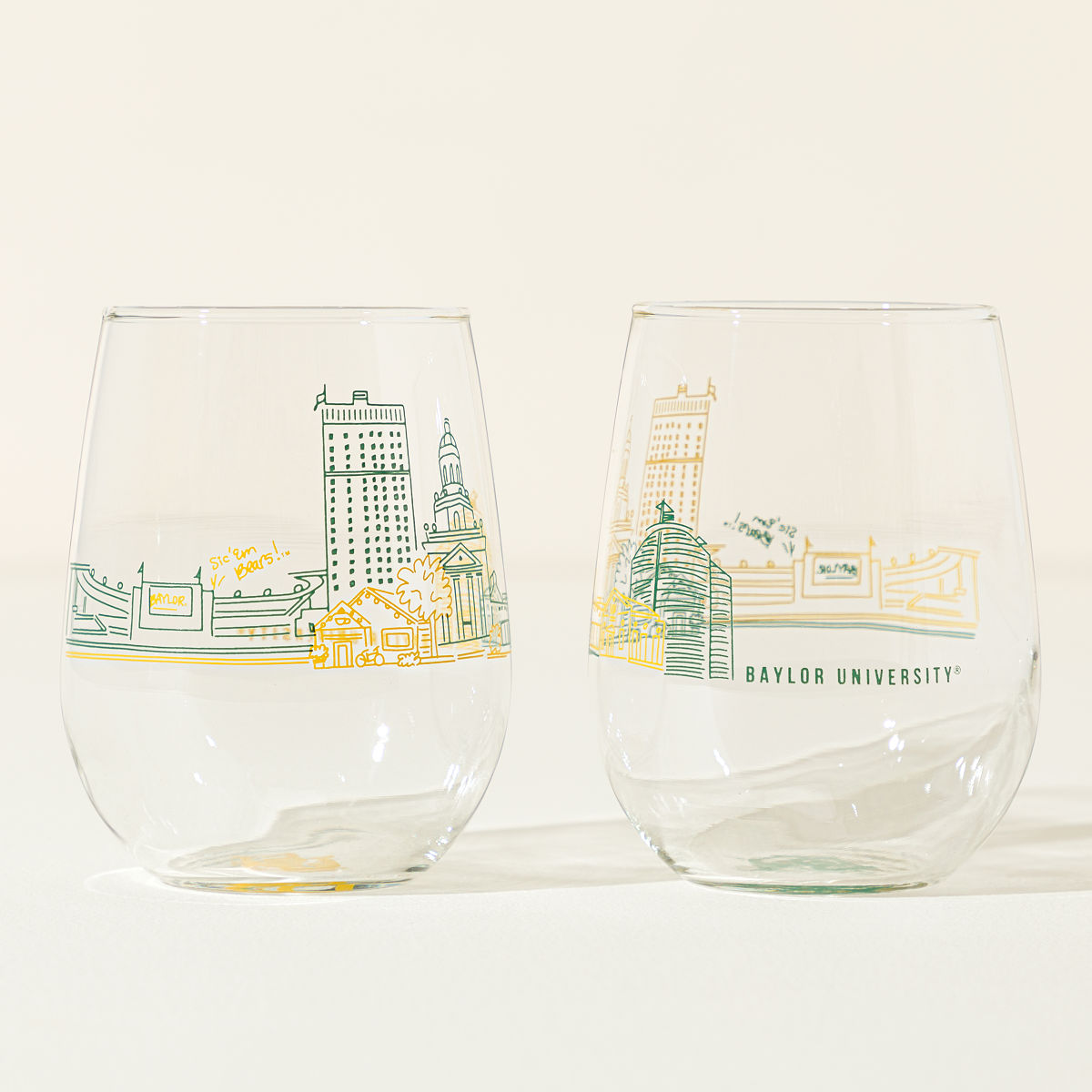 College Cityscape Wine Glasses - Set of 2 - Baylor University