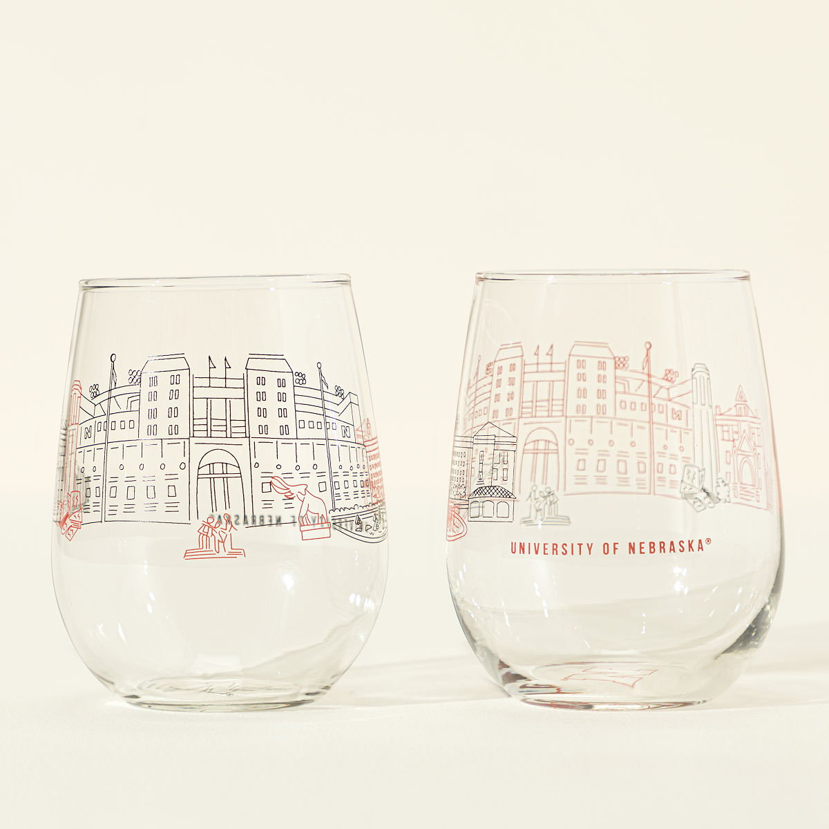 College Cityscape Wine Glasses - Set of 2 - University of Nebraska