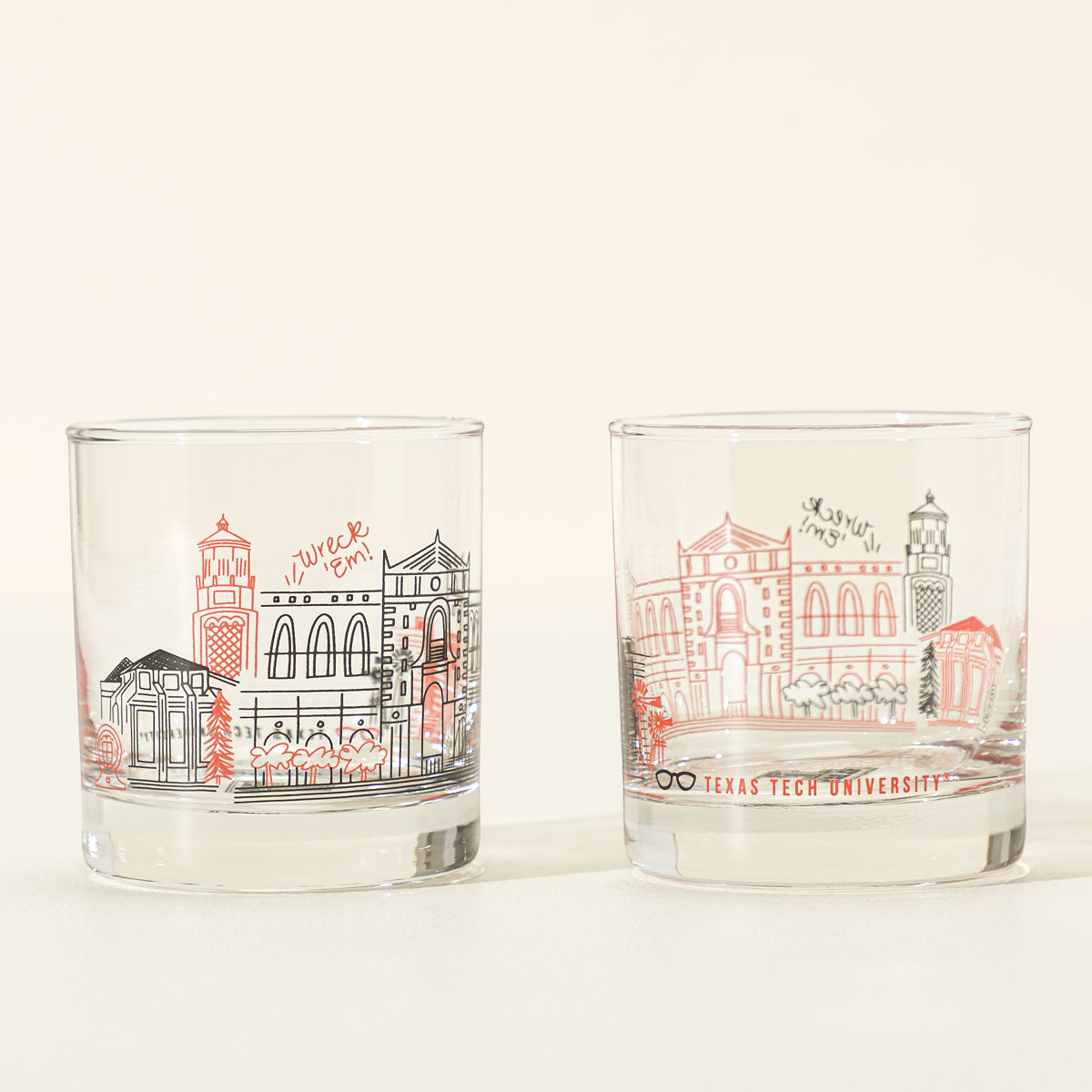 College Cityscape Rocks Glasses - Set of 2 - Texas Tech University