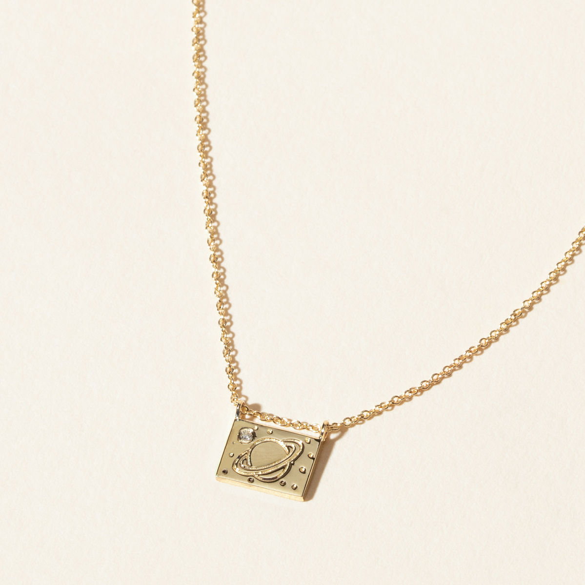 14k Gold & Diamond Postcard Charm Necklace - Saturn