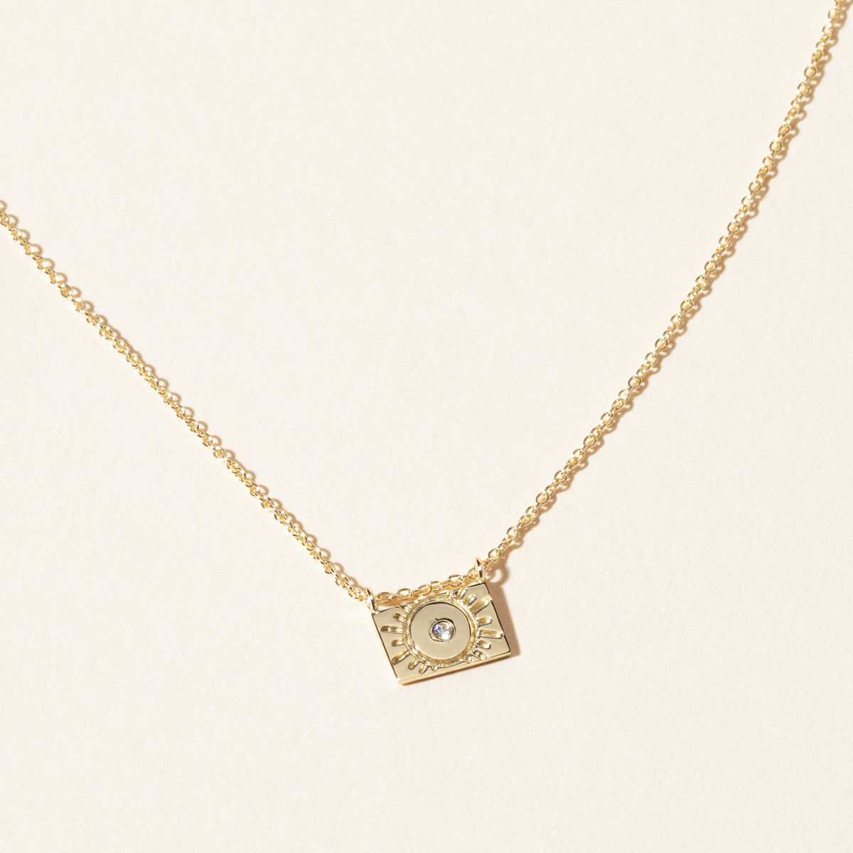 14k Gold & Diamond Postcard Charm Necklace - Sun