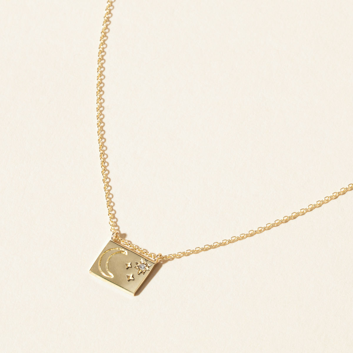 14k Gold & Diamond Postcard Charm Necklace - Moon and Stars