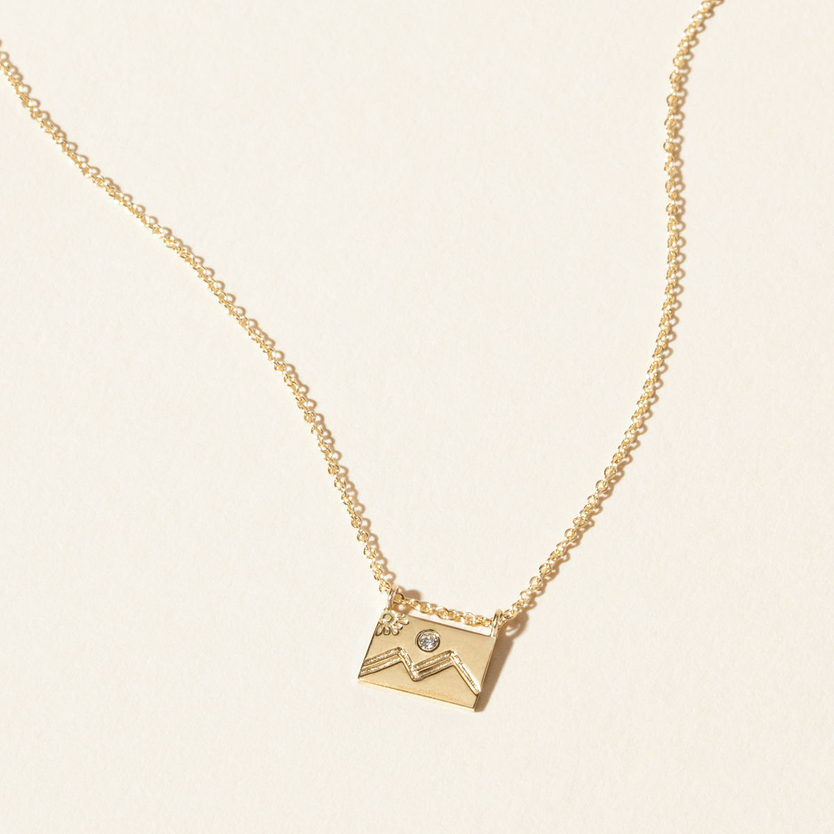 14k Gold & Diamond Postcard Charm Necklace - Mountain