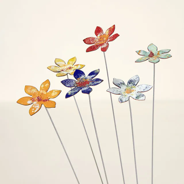 Copper Enamel Flower Stake Set