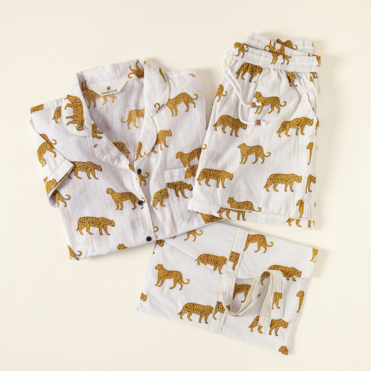 Jungle Print Pajama Short Sets - White L