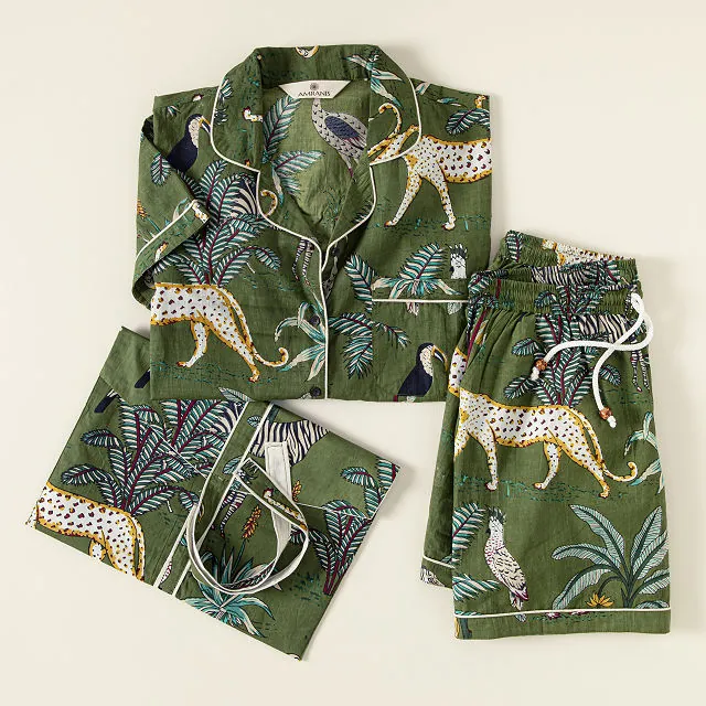 Anna-Kaci Lounge Women's Long Sleeve Button-Up Jungle Print Pajama Set with Chest Pocket and Matching Pants