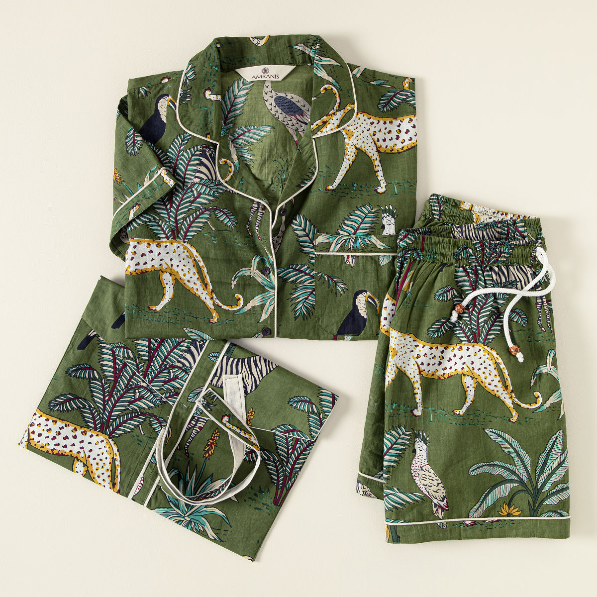Jungle Print Pajama Short Sets - Green XL