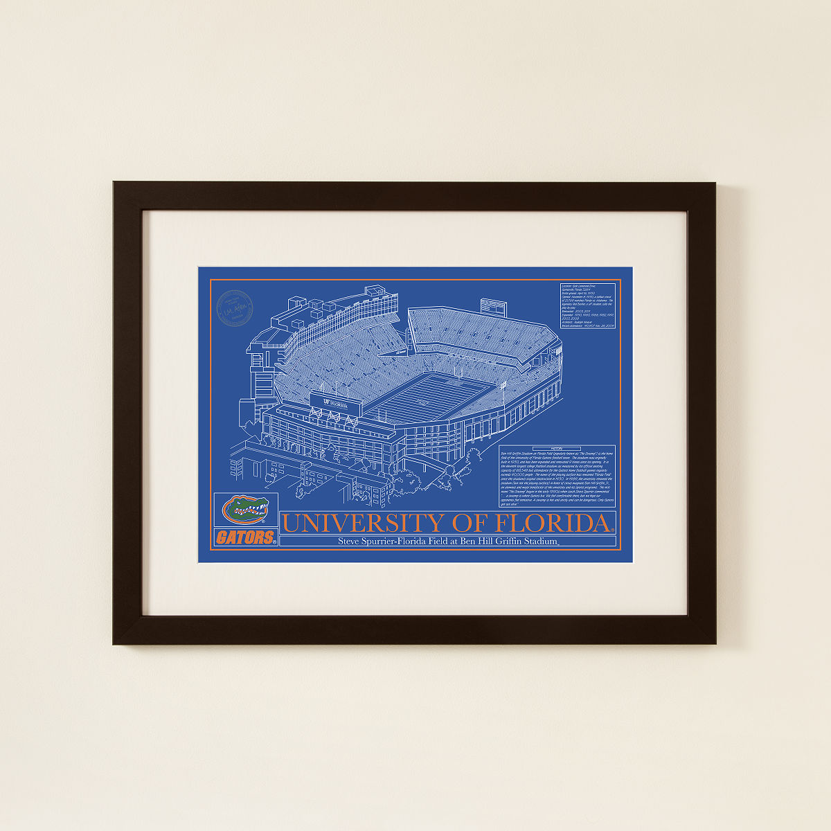 Football Stadium Blueprints - College Colors - University of Florida - Framed