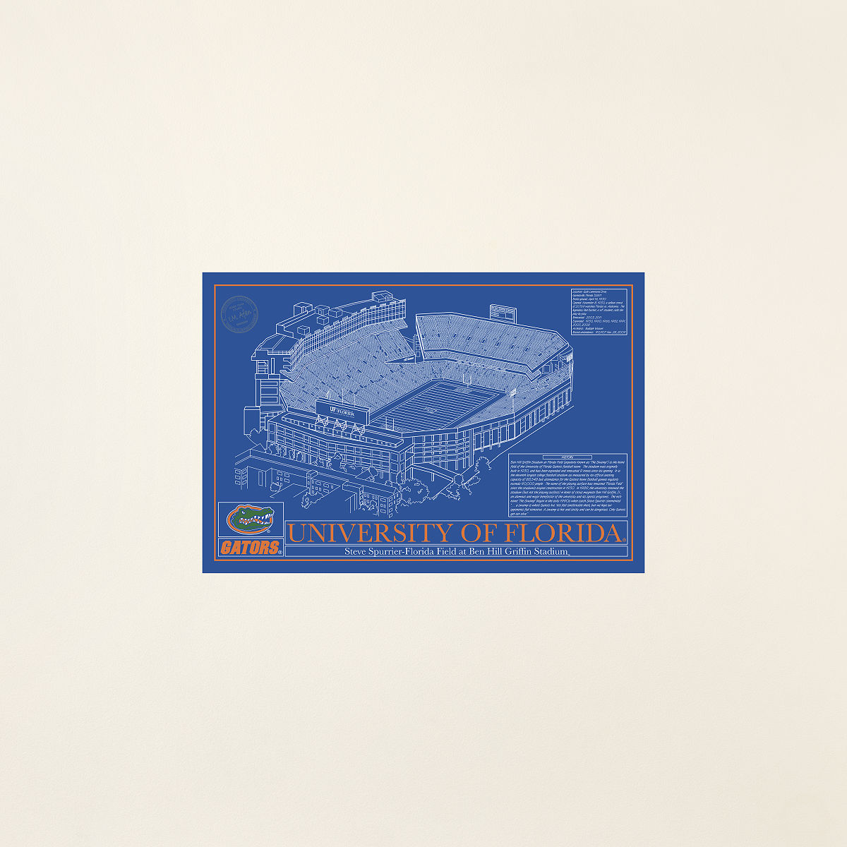 Football Stadium Blueprints - College Colors - University of Florida - Unframed